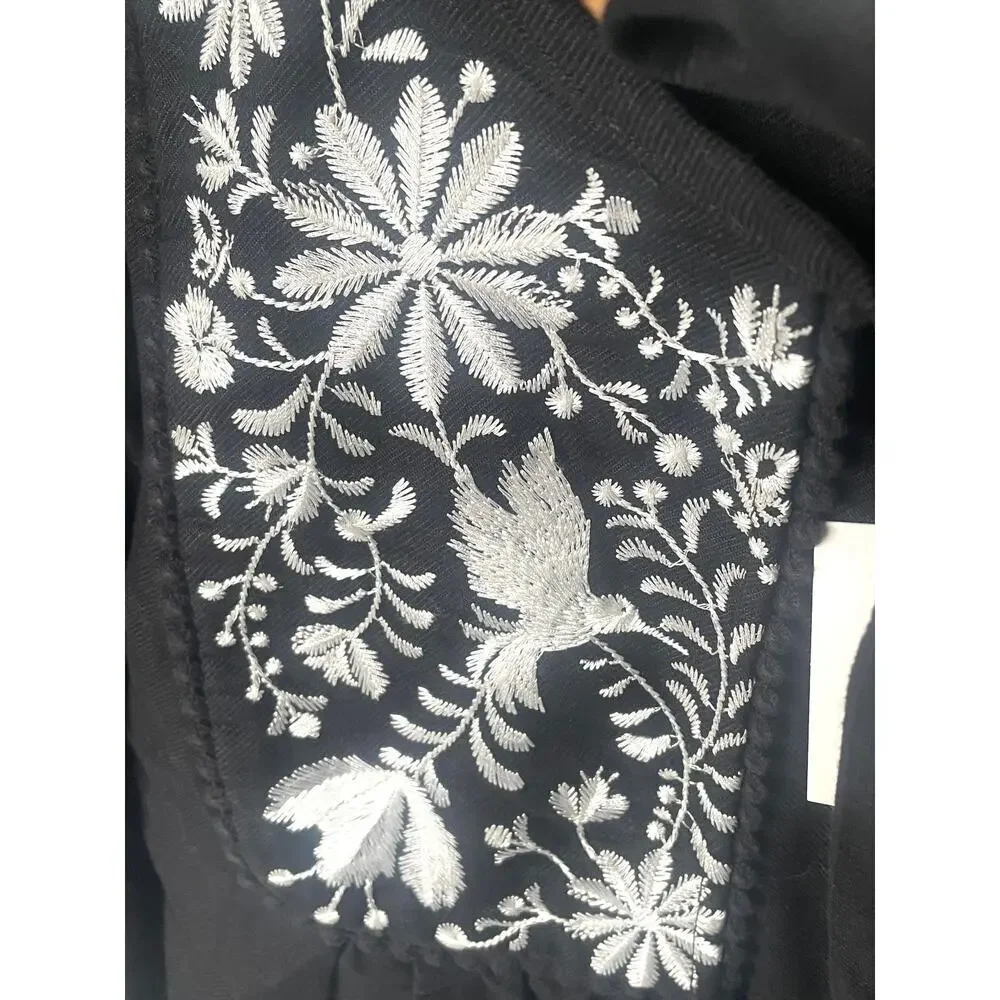 Kate Spade Black Linen Blend Crop Jacket Floral Embroidery Womens Medium